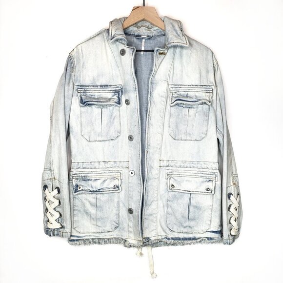 Free People Military Lace Up Back Denim Jacket XS Coat Jean - Picture 3 of 12